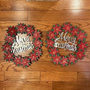 Merry Christmas Metal Poinsettia Holiday Wreath Decoration